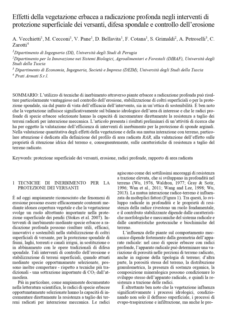 Effetti della vegetazione erbacea a radicazione profonda negli interventi di protezione superficiale dei versanti, difesa spondale e controllo dell’erosione - 2020